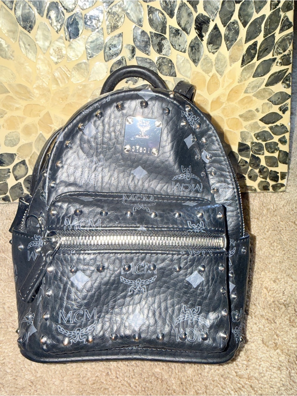 MCM Black Logo Studded Leather Backpack